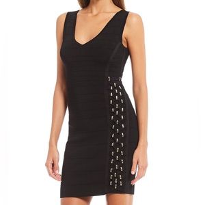 NWT. Guess Gold Tone Black Knit Bondage Mini Dress.
